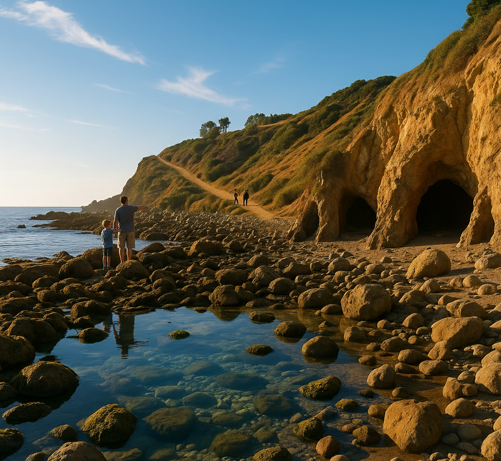 A peaceful tide pool and sea caves at Abalone Cove Shoreline Park with hiking trails and natural scenic beauty.