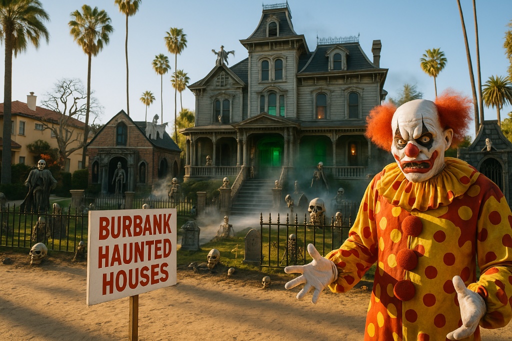 Burbank neighborhood showcasing theatrical haunted houses and Halloween decorations including creepy clowns, haunted mansions, and elaborate spooky displays with Hollywood flair.