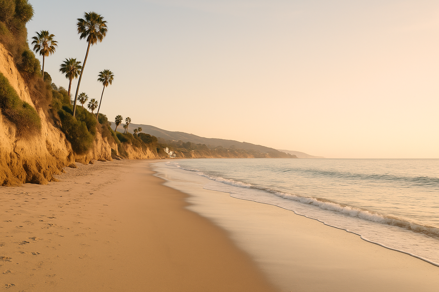 A serene, quiet beach scene at Escondido Beach in Malibu with soft sunset lighting and minimal people, emphasizing a hidden gem vibe.