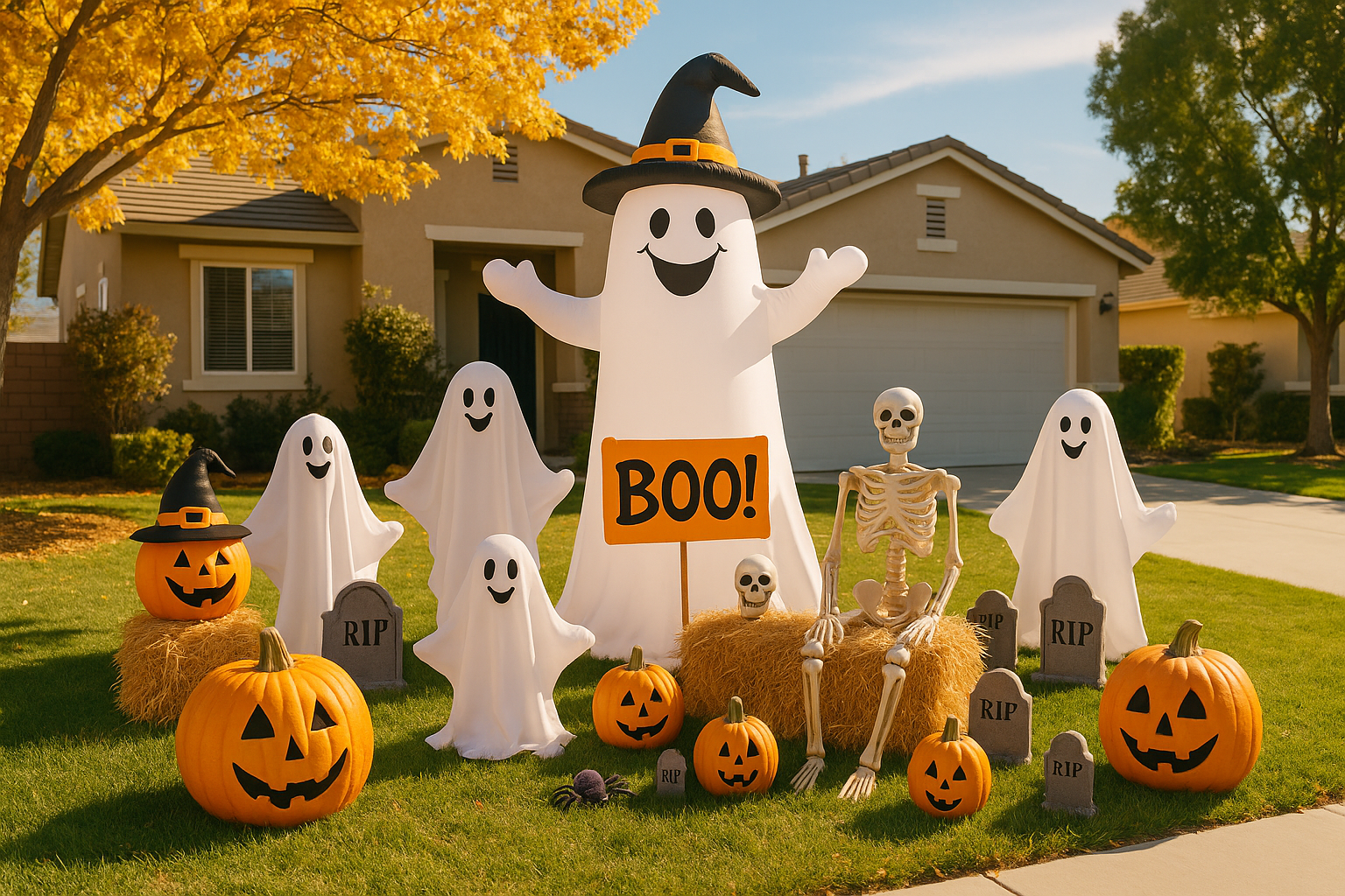 A family-friendly Halloween display in Santa Clarita with spooky but gentle decorations suitable for kids, showing a welcoming and joyful neighborhood Halloween celebration.
