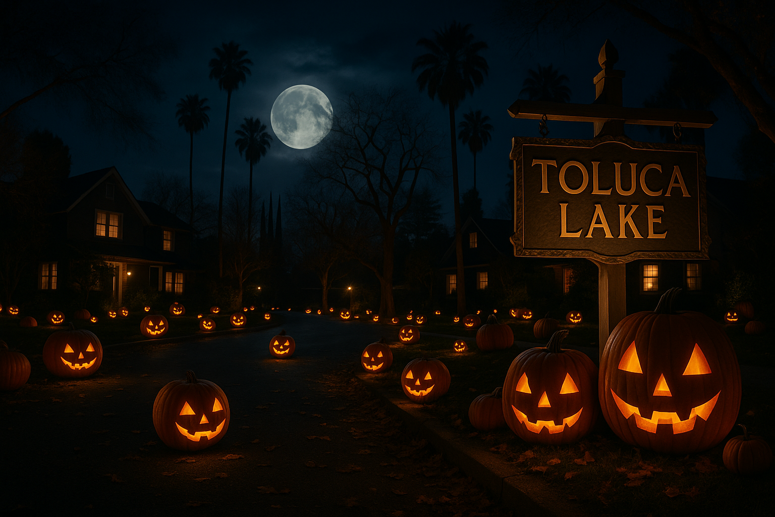 Toluca Lake neighborhood at night filled with glowing jack-o-lanterns and large pumpkins, with a spooky yet whimsical atmosphere resembling a Tim Burton movie.
