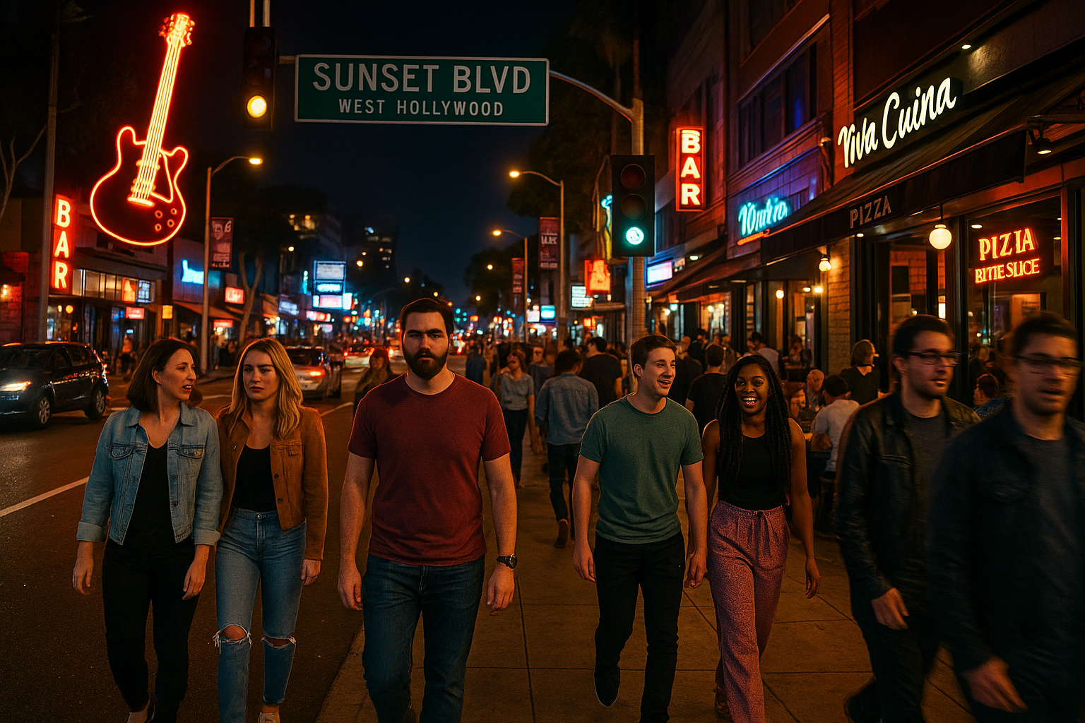 A vibrant street scene from West Hollywood