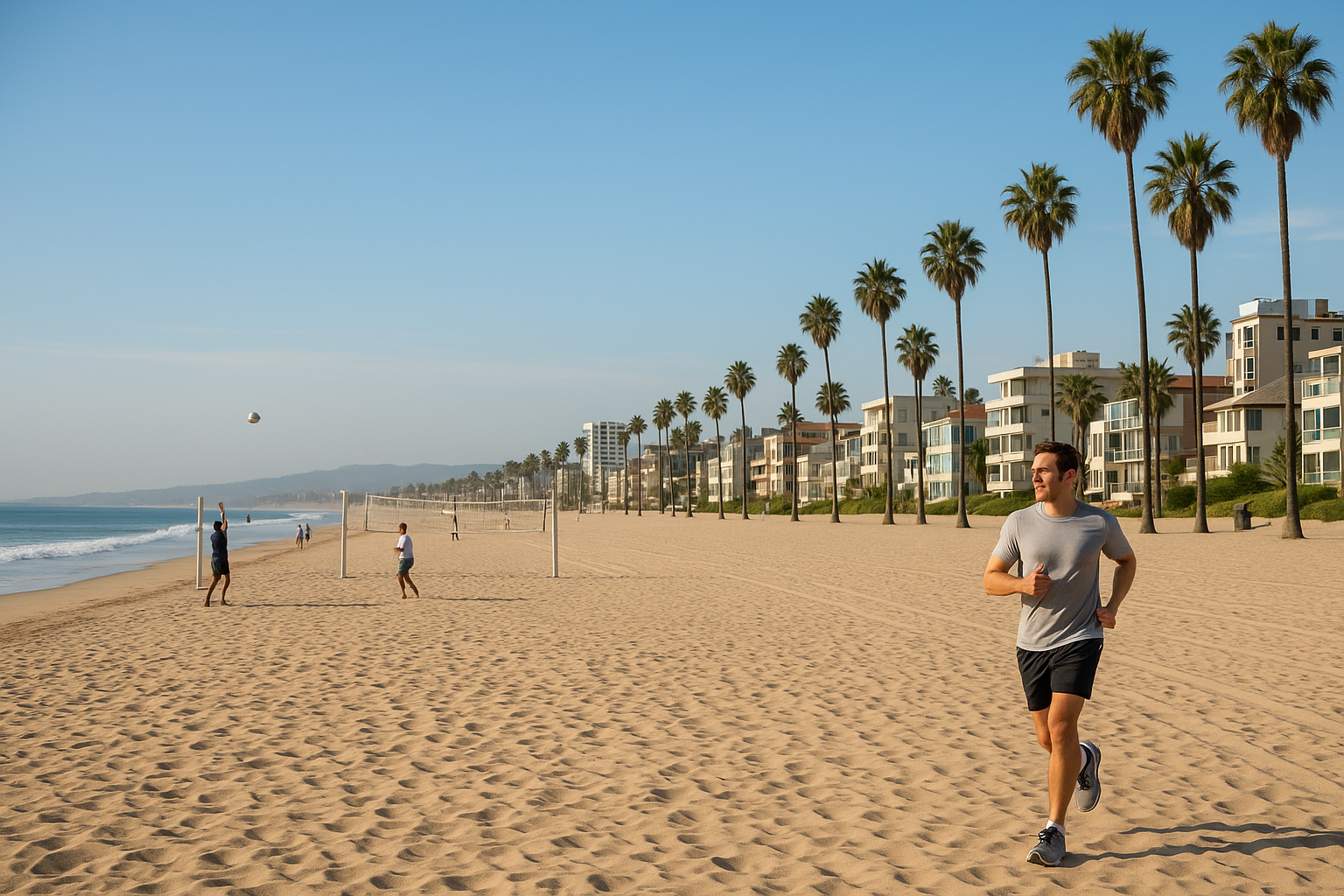 A calm, empty beach scene at Marina Peninsula near Marina del Rey showing people jogging or playing volleyball with a relaxed atmosphere.