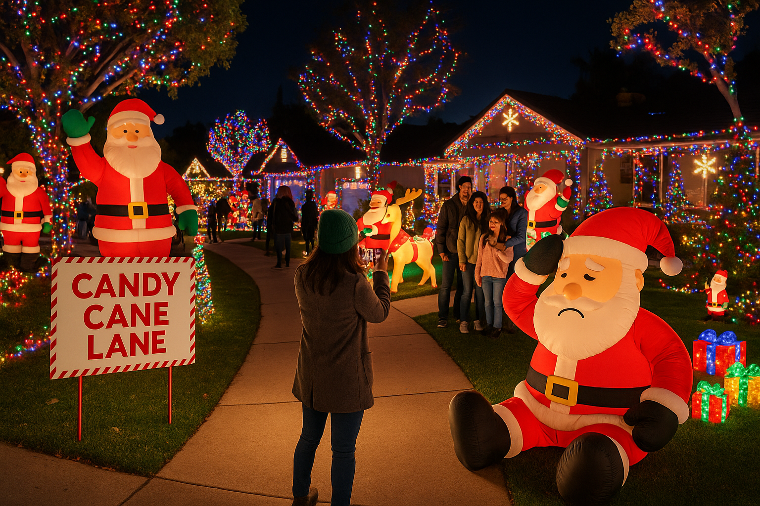 Candy Cane Lane in Woodland Hills featuring eight blocks of vibrant holiday decorations including inflatable Santas, choreographed light shows, and families taking photos and enjoying the lively festive energy.