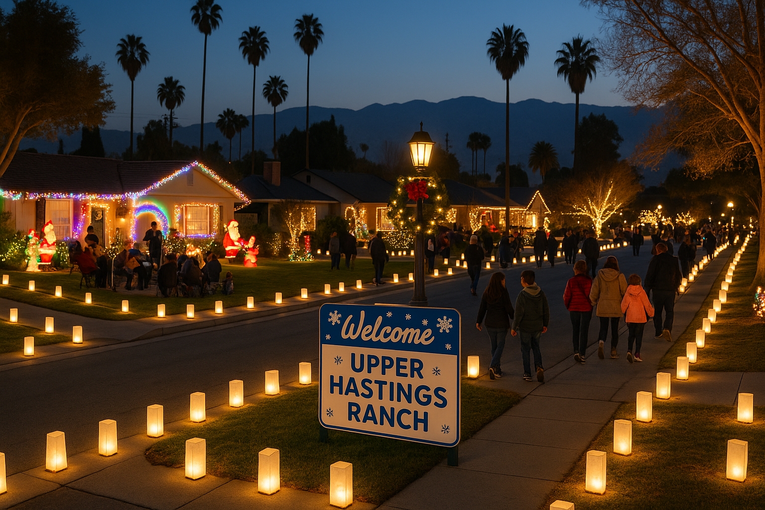 Upper Hastings Ranch in Pasadena with hundreds of luminarias glowing along the streets, themed holiday decorations, and a festive neighborhood atmosphere with people enjoying live music and Santa visits.