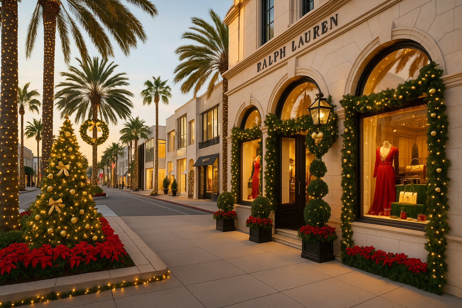 Beverly Hills holiday scene with palm trees wrapped in lights, glamorous store window displays on Rodeo Drive, and elegant, chic decorations perfect for a classy holiday outing.