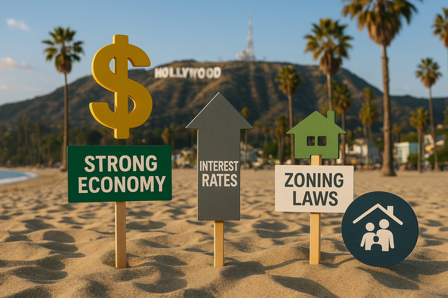 A visual depicting the factors influencing prices and inventory, featuring elements like strong economy, interest rates, zoning laws, and community lifestyle symbols.