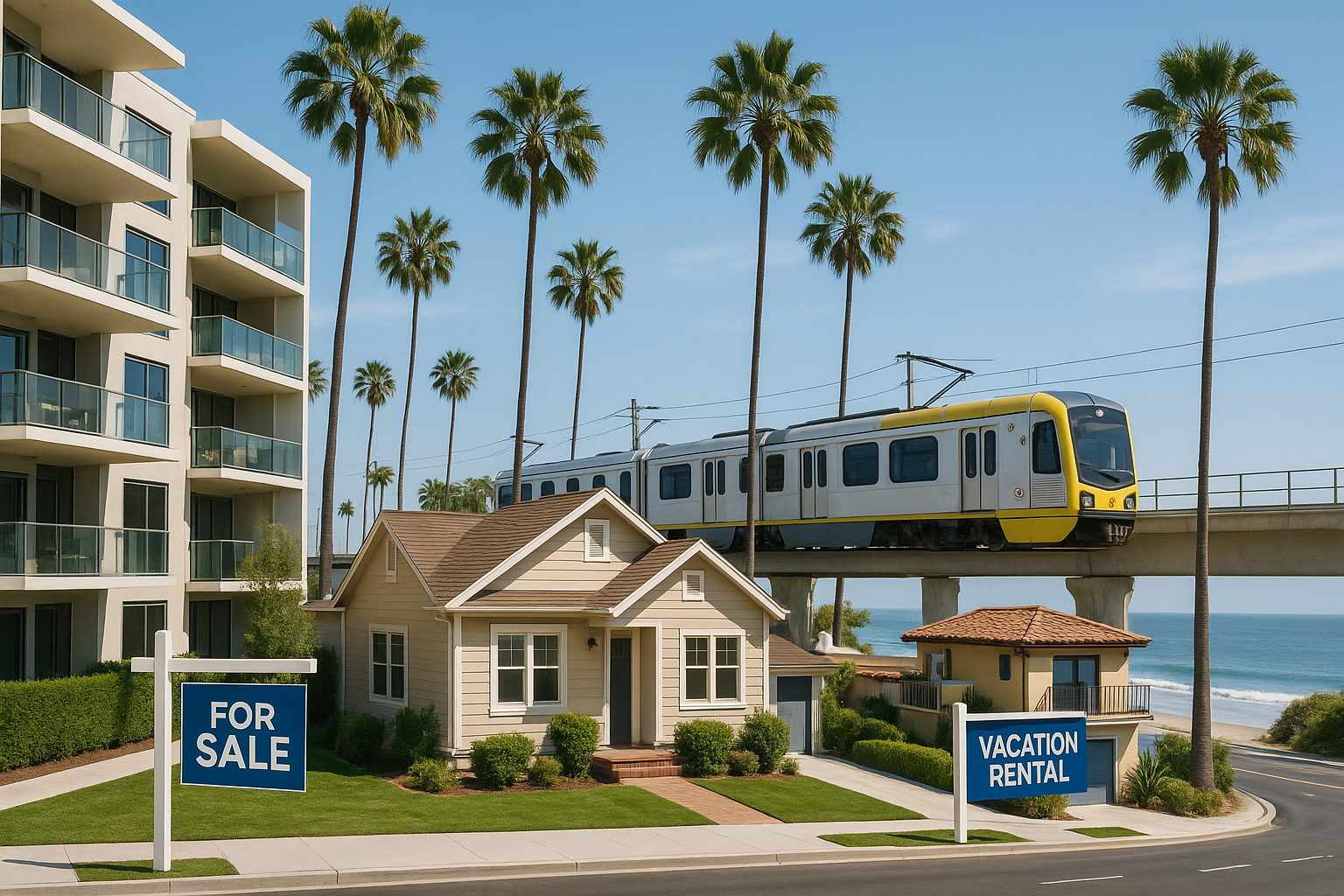 A depiction of LA real estate highlights: modern condos, family homes, and short-term rental properties near upgraded transit and infrastructure, showcasing potential property value increases.