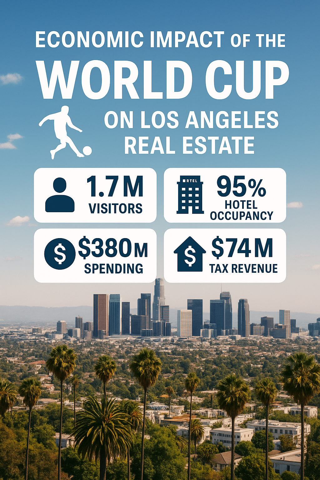 An infographic-style image showing the economic impact of the World Cup on LA real estate, including visitor numbers, hotel occupancy, spending, and tax revenue statistics.