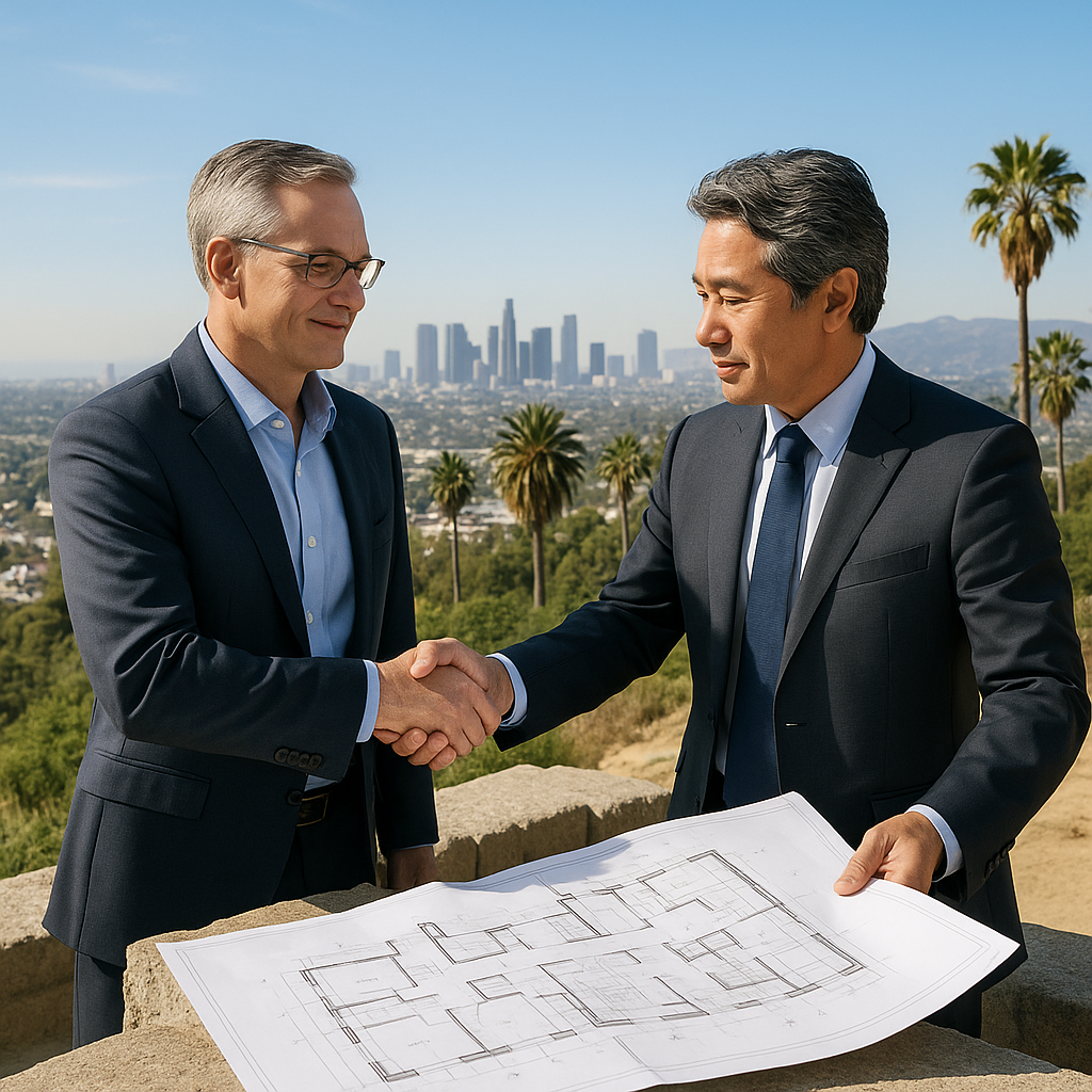 A business-focused image depicting executives or developers (representing KPC Development and Lendlease) shaking hands or reviewing project plans, symbolizing the $470 million sale and partnership.