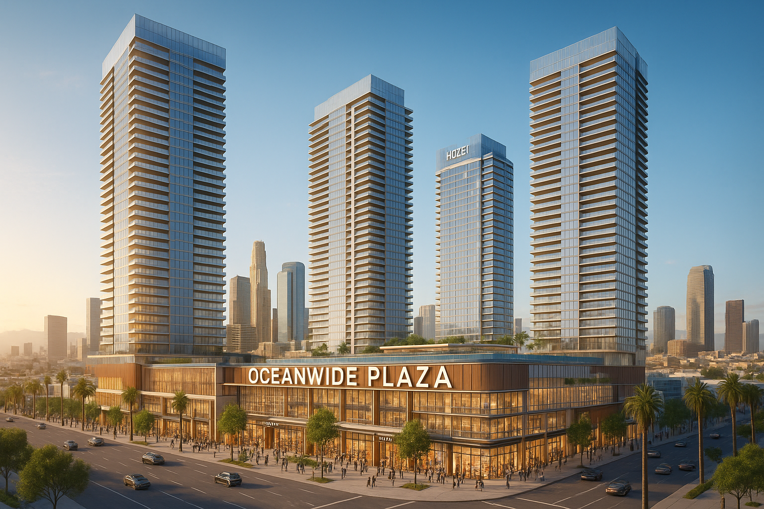 An architectural rendering or illustration of the completed Oceanwide Plaza project, featuring the three modern towers with hotel, residential, retail, and dining spaces, highlighting its planned transformation.