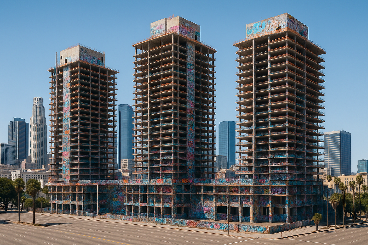 A wide shot of the half-built Oceanwide Plaza skyscrapers in downtown Los Angeles, prominently covered in colorful graffiti, showcasing the current state of the 