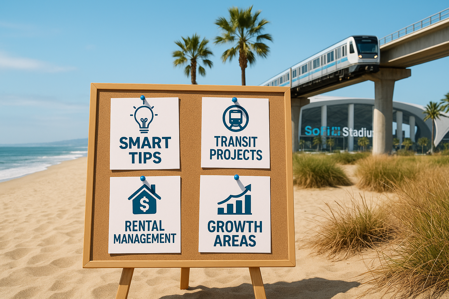 A conceptual image illustrating smart tips for homeowners and investors, such as rental management, transit projects, and growth areas around SoFi Stadium, symbolizing strategic investment during the World Cup.